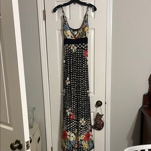 Adam Black Maxi Dress with Polka Dot and Floral Accents